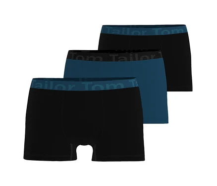 Trois boxers Tom Tailor « Buffer », deux noirs et un bleu foncé, empilés avec le logo Tom Tailor visible sur la ceinture.