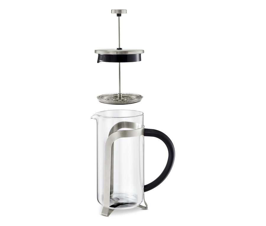 Cafetière à piston argentée de 800 ml pour 6 tasses démontée.
