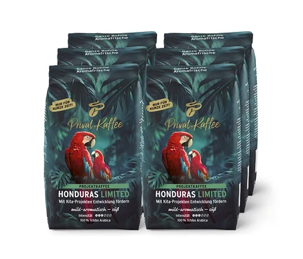Six paquets de café Privat Kaffee Édition Limitée Honduras vert foncé avec feuilles tropicales et aras rouges, grains entiers.