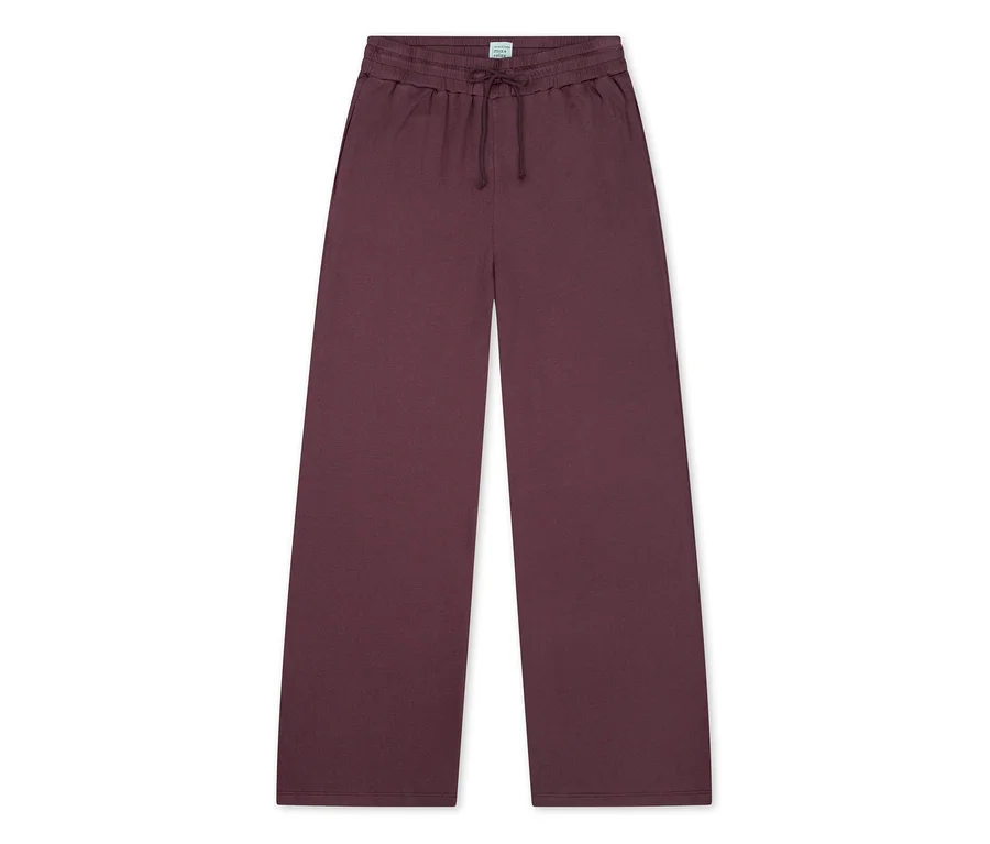 Pantalon large bordeaux avec taille élastique à cordon de serrage.