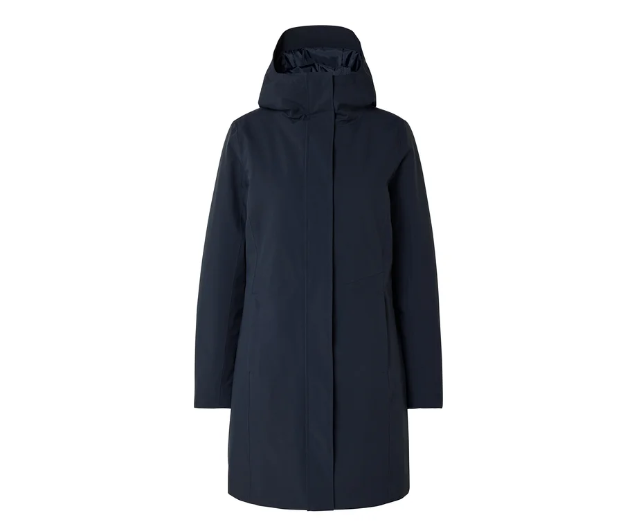 Imperméable bleu marine à capuche, vue de face.