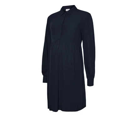 Robe de grossesse MAMALICIOUS ESRA LIA bleu foncé à manches longues, col et taille empire froncée.