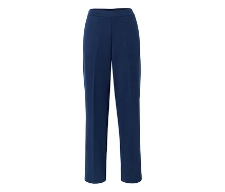 Pantalon bleu foncé à jambe droite avec une taille plate, sur fond blanc.