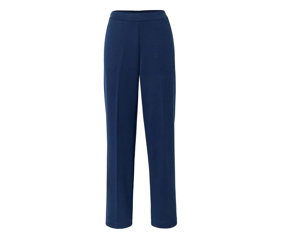 Pantalon bleu foncé à jambe droite avec une taille plate, sur fond blanc.