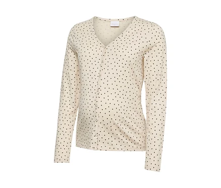 Cardigan beige clair à manches longues et col en V, boutonné sur le devant, orné d'un motif de petits triangles noirs.