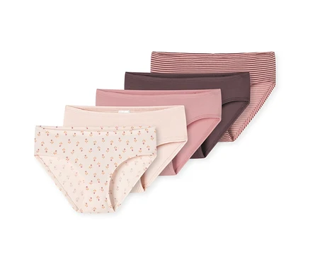 Cinq slips SCHIESSER pour fille: un beige à motif floral, un rose clair, un vieux rose, un prune et un rose rayé.