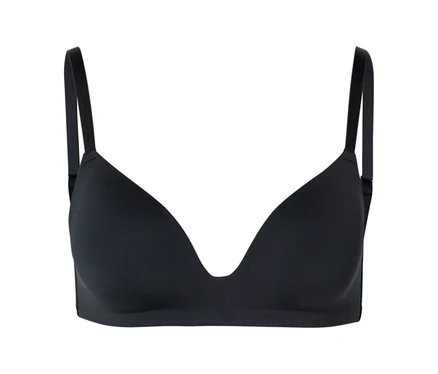 Soutien-gorge noir à fines bretelles sur fond blanc.