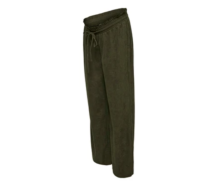 Pantalon en velours côtelé vert foncé MAMALICIOUS »JACIA« avec cordon de serrage à la taille, posé sur un fond blanc.