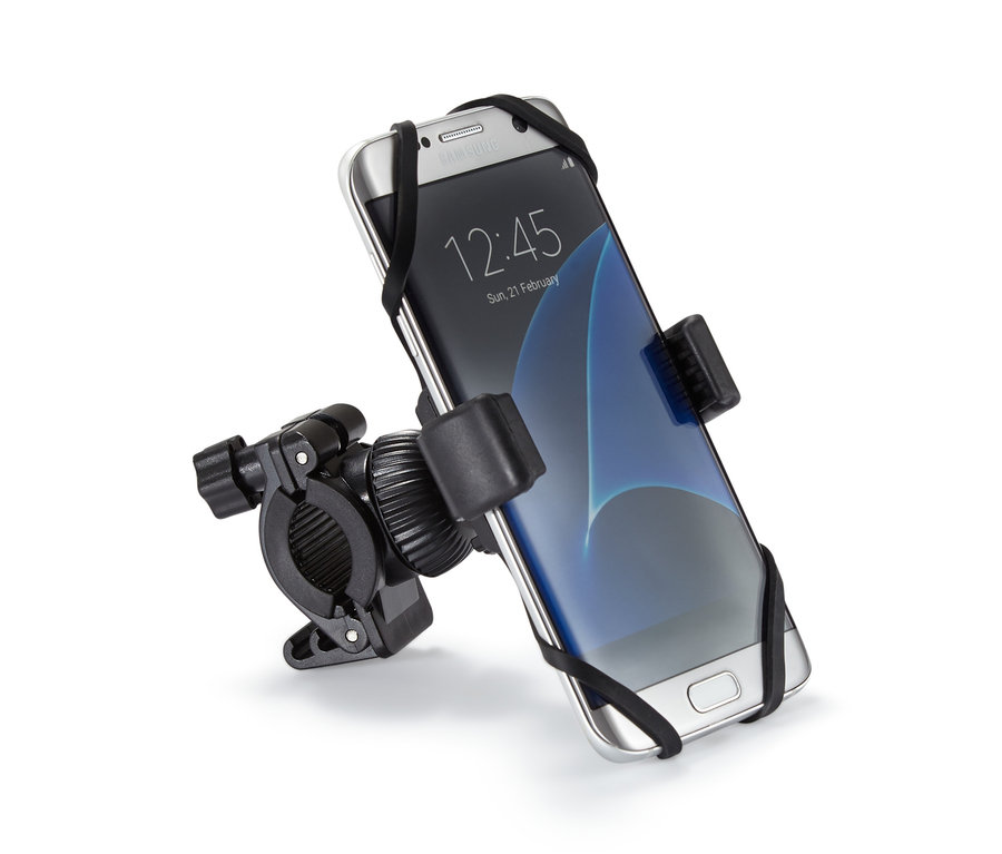 Un support de smartphone noir pour vélo avec un téléphone Samsung.