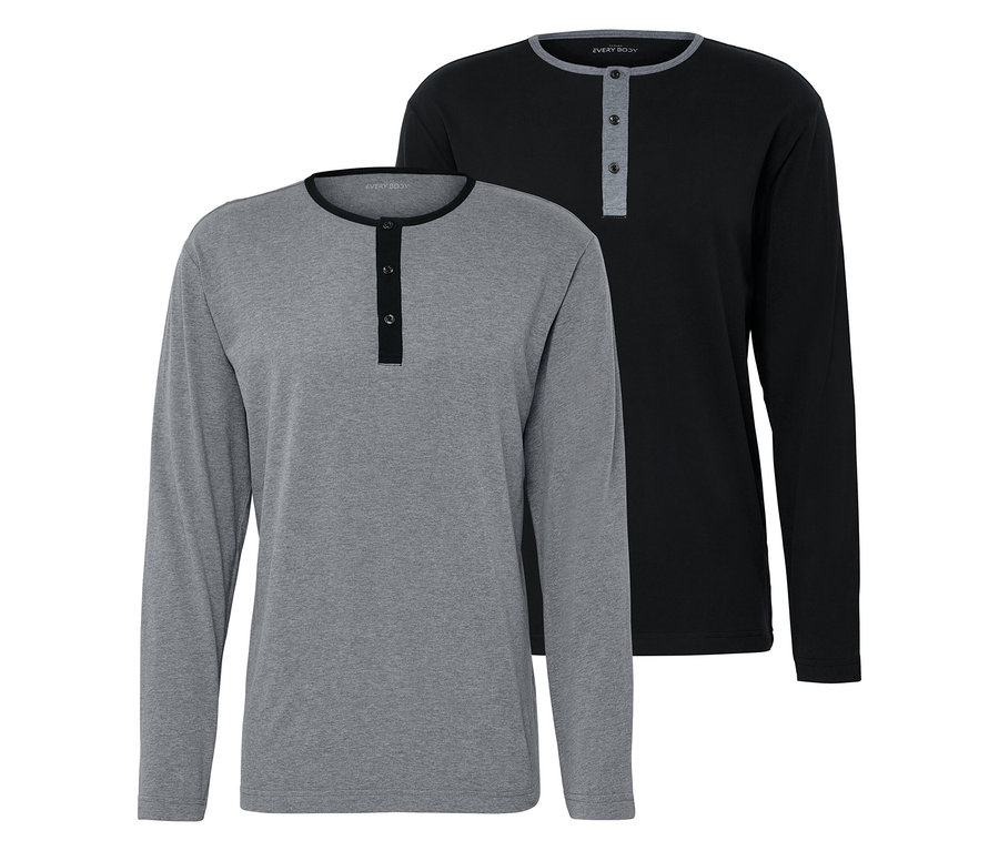 Deux t-shirts à manches longues avec boutons, un gris et un noir.