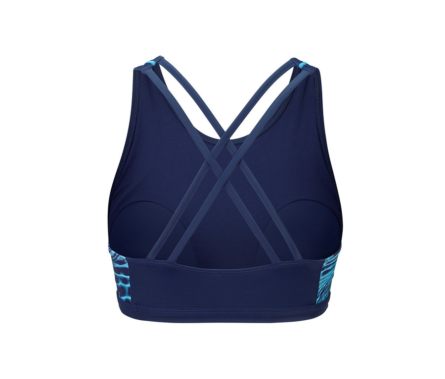 Vue détaillée d'un haut de bikini de sport avec des bretelles croisées dans le dos.