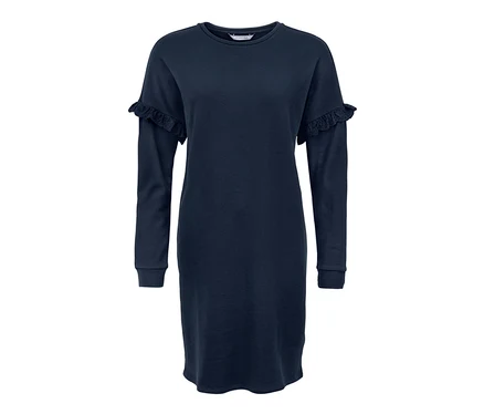 Robe molletonnée bleu marine à manches longues et à volants.