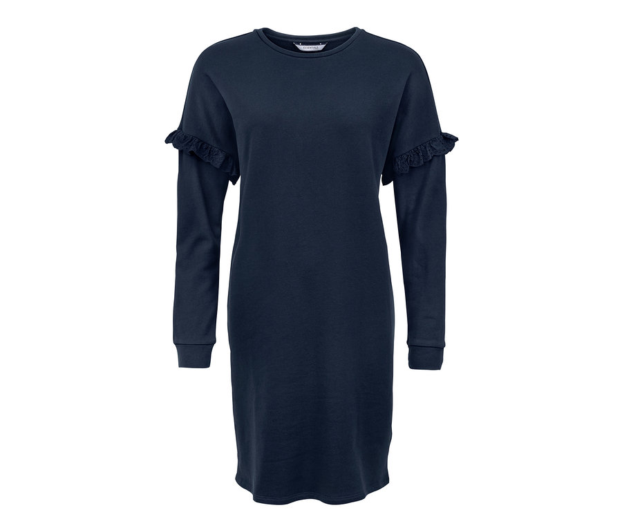 Robe molletonnée bleu marine à manches longues et à volants.