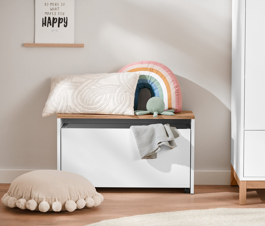 Sur un banc avec caisse de rangement reposent un coussin, un coussin en peluche arc-en-ciel et une tortue en peluche.