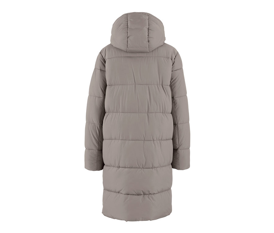 Vue détaillée de l'arrière d'un manteau matelassé à capuche taupe.