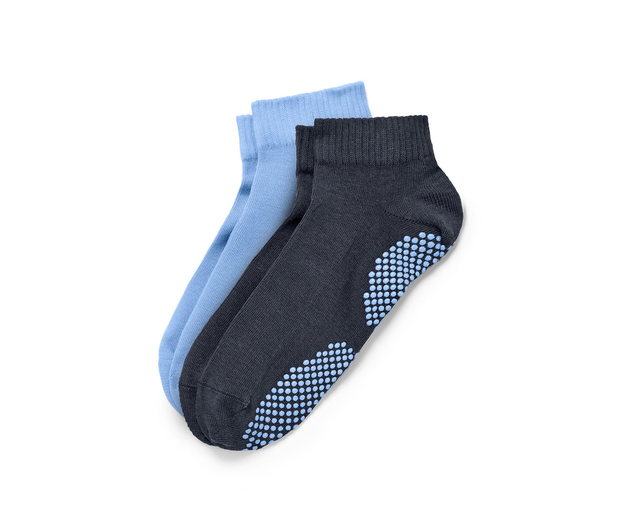 Deux paires de chaussettes de yoga, bleu clair et bleu foncé.