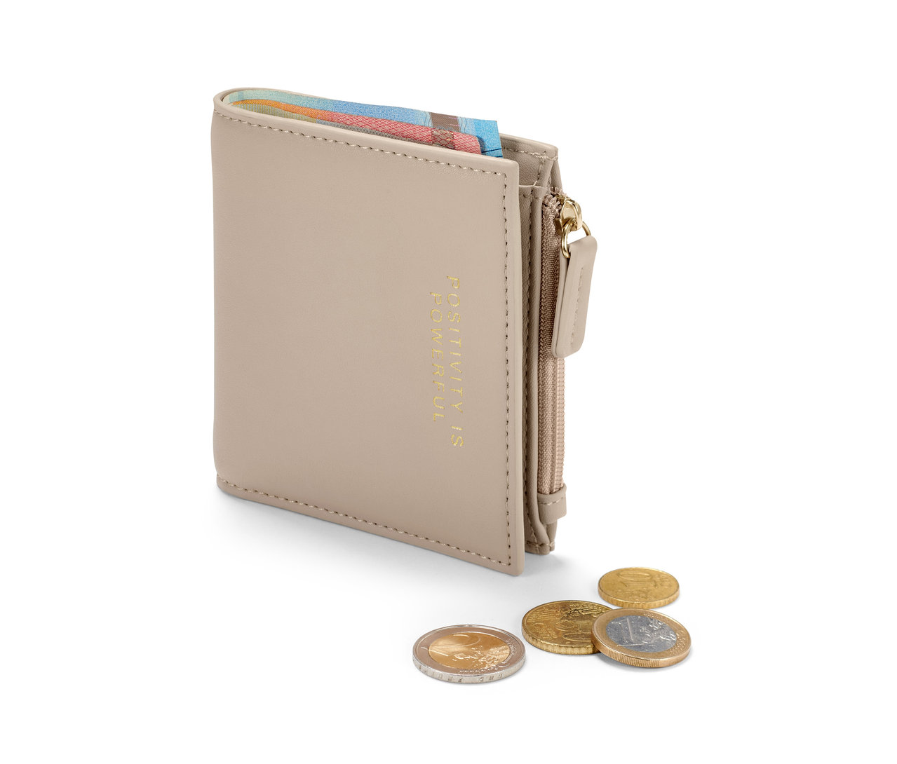Un porte-monnaie beige avec inscription et pièces de monnaie.
