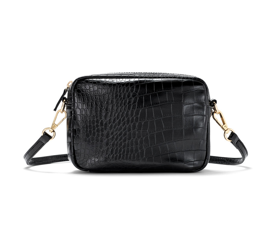 Sac à bandoulière noir avec texture en peau de crocodile.