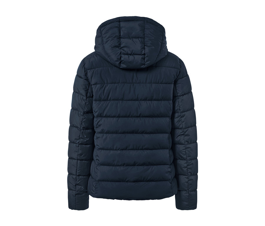 Veste matelassée à capuche bleu foncé vue de dos.