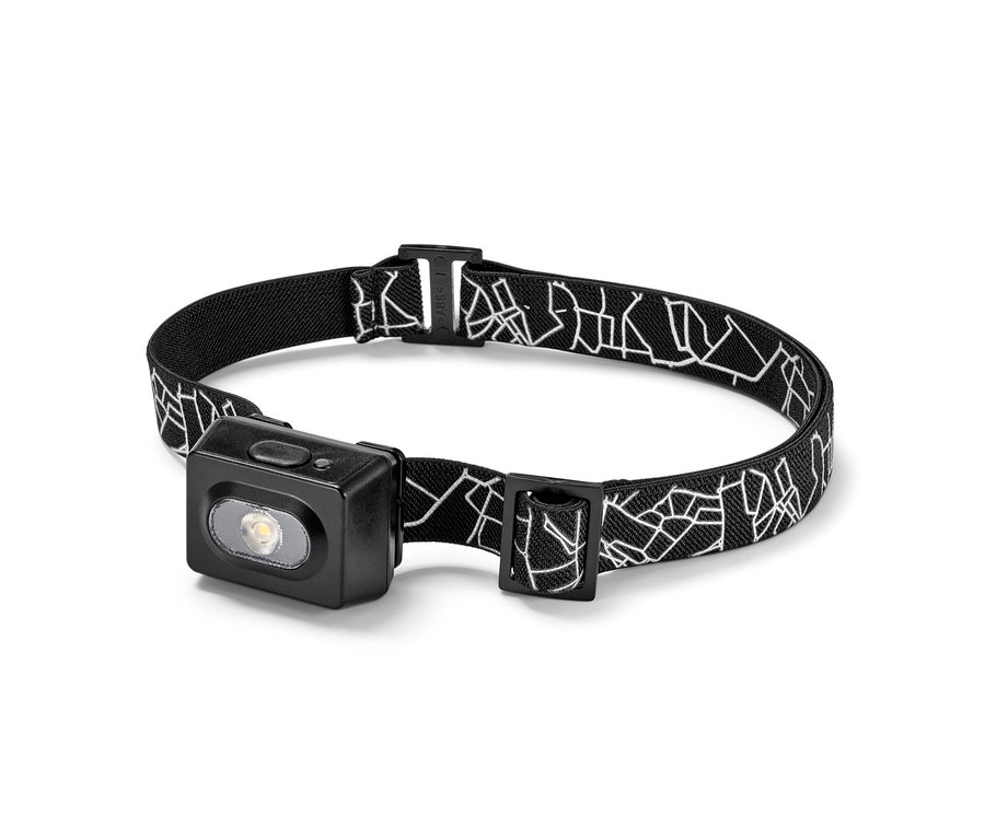 Lampe frontale avec une sangle noire, blanche et grise.