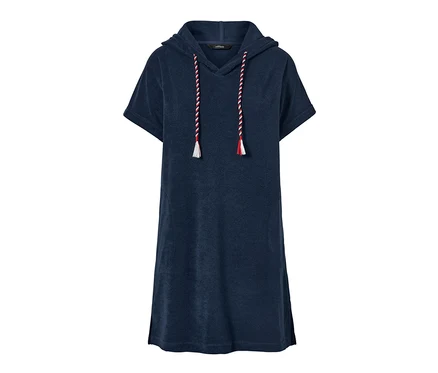 Robe de plage en tissu éponge bleu avec capuche et cordon de serrage.