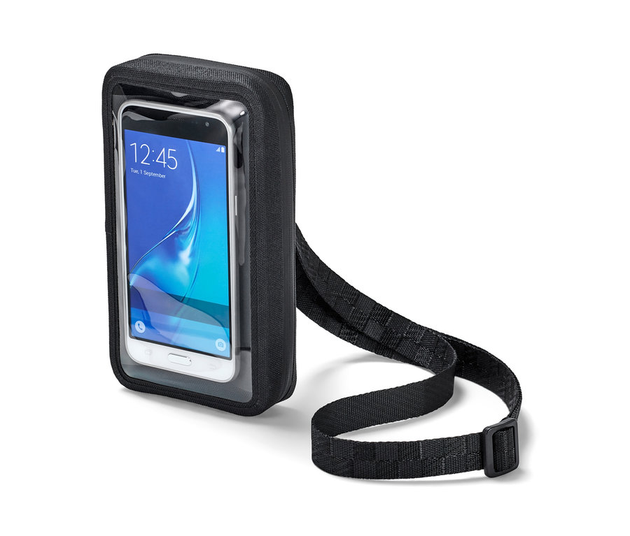 Sac à smartphone 2 en 1 noir avec face avant transparente et bandoulière.