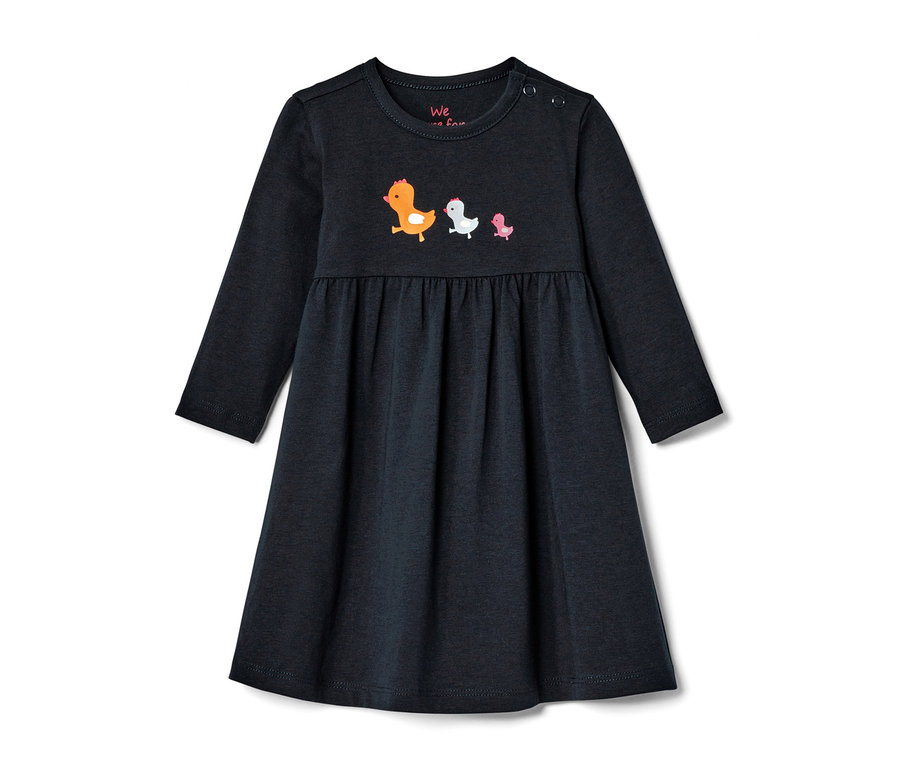 Robe en jersey bleu pour bébé avec trois poussins.