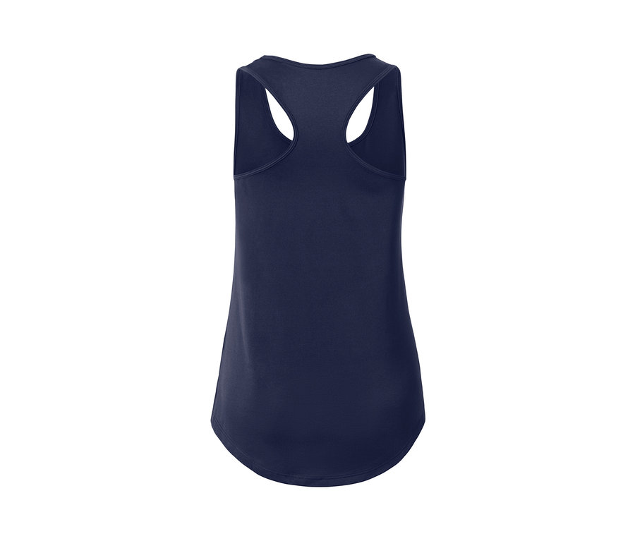 Vue détaillée de dos d'un débardeur de sport bleu foncé.