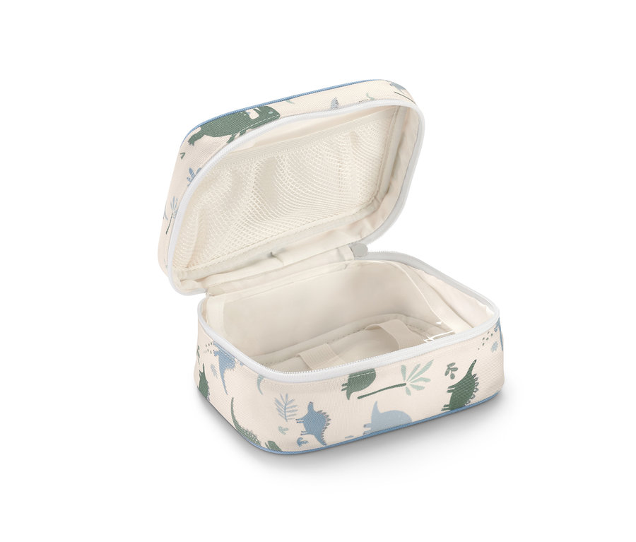 Trousse à pharmacie ouverte avec motif de dinosaures.
