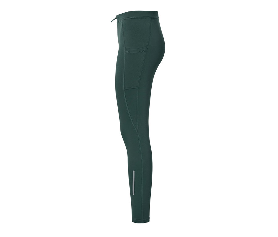 Legging thermique de course vert foncé avec poche latérale.