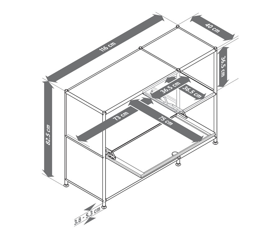 Schéma d'un buffet en métal blanc « CN3 » à 2 abattants avec dimensions.