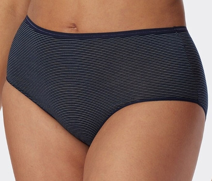 Détail d'un des 2 midi-slips SCHIESSER en modal, bleu foncé à rayures.