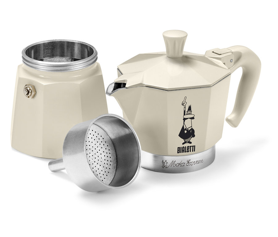 Une cafetière à expresso « Bialetti Moka Express » 190 ml, Crema démontée.