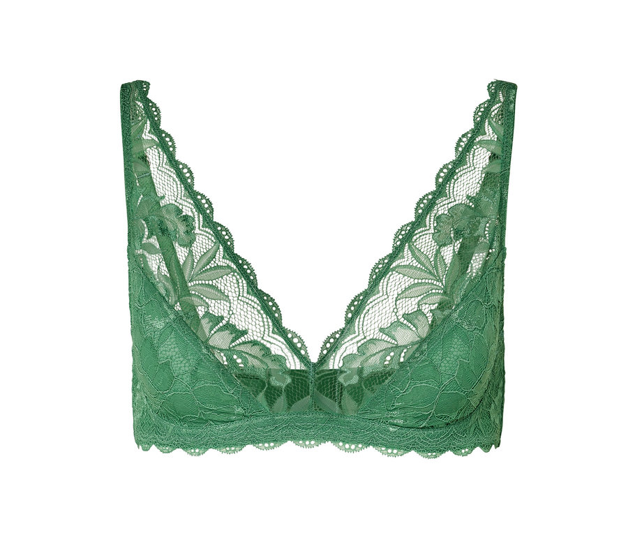 Soutien-gorge souple vert avec de la dentelle.
