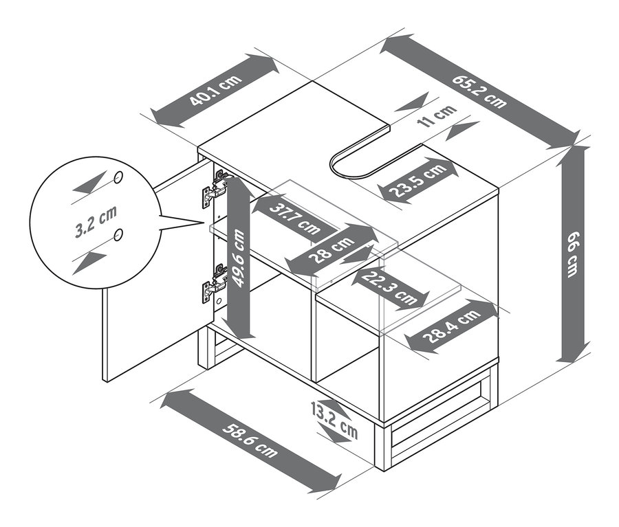 Schéma d'un meuble sous-lavabo avec porte et compartiment latéral, avec les dimensions correspondantes.