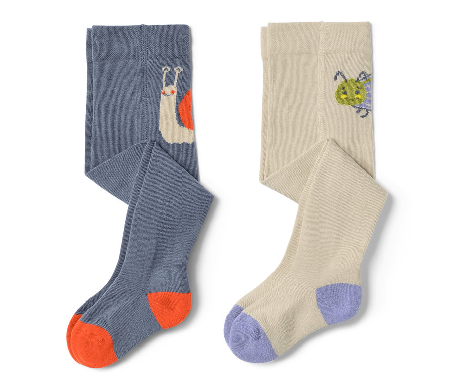 Deux collants pour bébé et tout-petits avec des motifs d'escargot et de coléoptère.