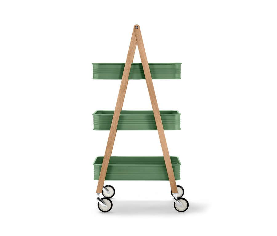 Un chariot de service de cuisine vert avec trois étagères et un cadre en bois.