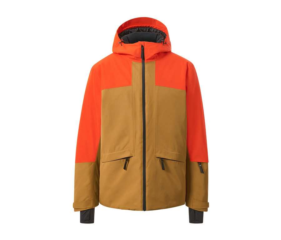 Veste de ski orange et marron.