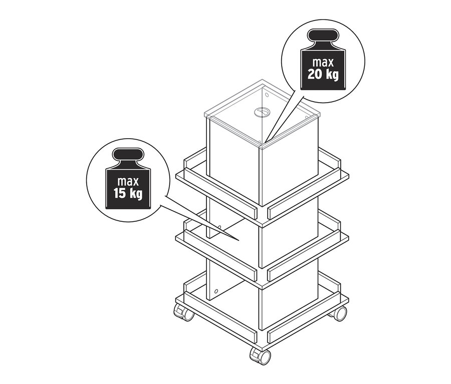 Schéma d'une petite tour avec espace de rangement, indiquant une capacité de charge maximale de 20 kg pour l'étagère supérieure et de 15 kg pour les autres.