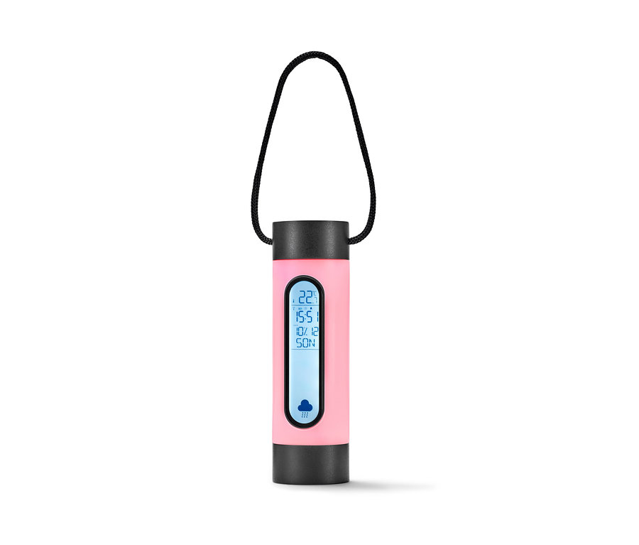 Une station météo rose sur batterie avec éclairage et une dragonne noire.