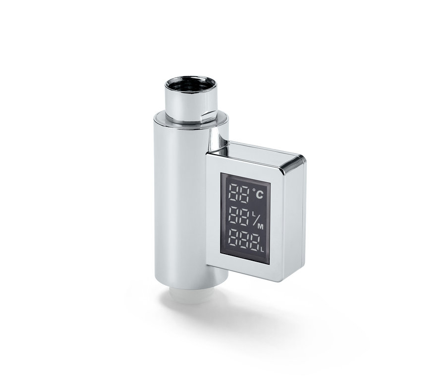 Un indicateur de consommation d'eau à LED argenté affiche la température, le pourcentage et les litres.
