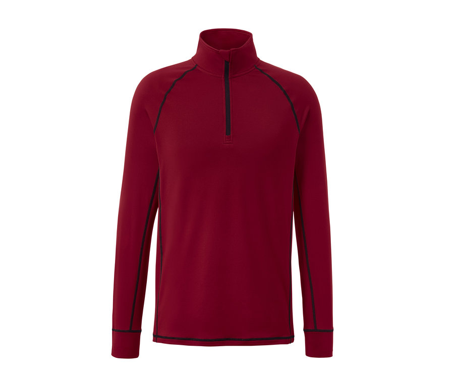 T-shirt fonctionnel thermique rouge à manches longues avec fermeture éclair noire.