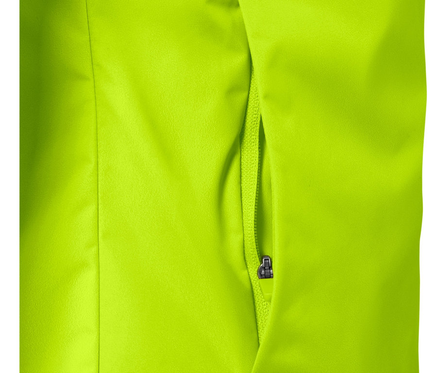 Détail d'une veste de course coupe-vent vert fluo avec poche zippée.