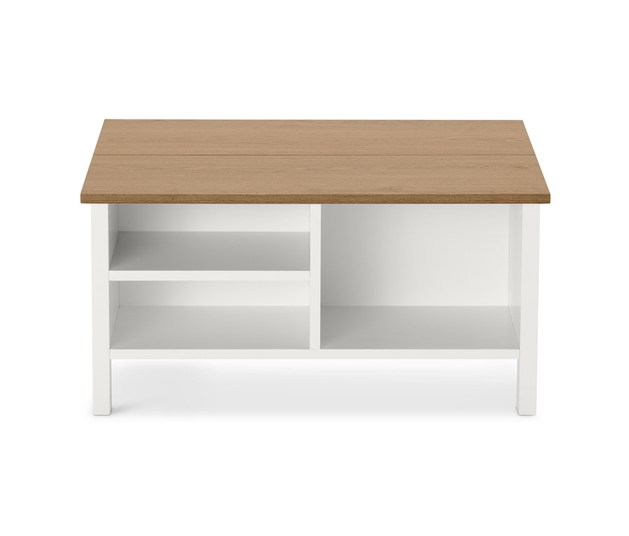 Table basse repliable avec un plateau marron et des pieds blancs.