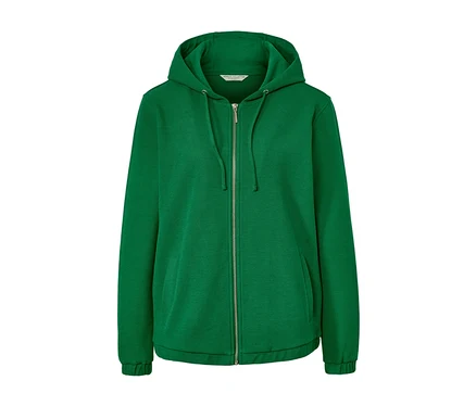 Jaquette en sweat vert avec fermeture éclair et capuche.