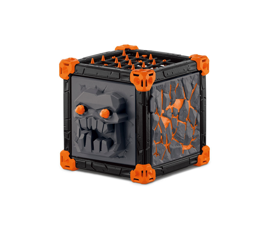 Un cube Schleich Eldrador BattleCave Lavahyène avec des fissures de lave et un visage de monstre.