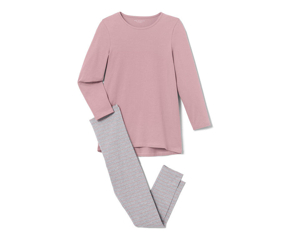 2 pyjamas pour enfant : un haut rose et un pantalon gris rayé.