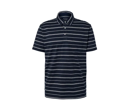 Polo en jersey bleu foncé à rayures.