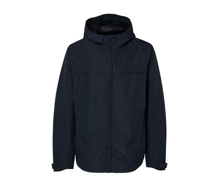 Parka technique bleu marine à capuche.