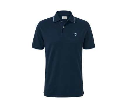 Polo bleu marine en piqué à manches courtes et col rayé.
